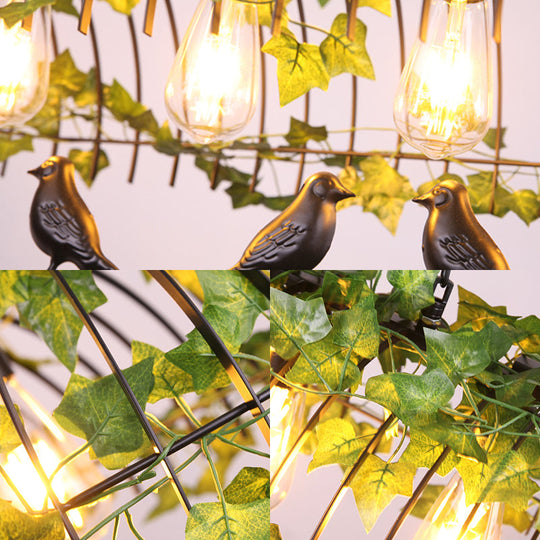 Industrial Black Metal Pendant Lighting: 4-Light Caged Island Design For Dining Room With Bird