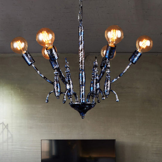 Vintage Black Chandelier with 6 Exposed Bulbs - Metal Pendant Lamp with Sputnik Shade