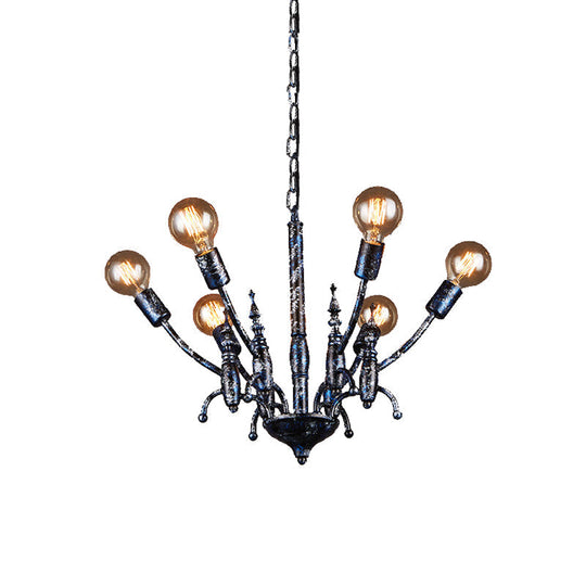 Vintage Black Metal Chandelier With Exposed Bulbs - 6 Lights Pendant Lamp And Sputnik Shade