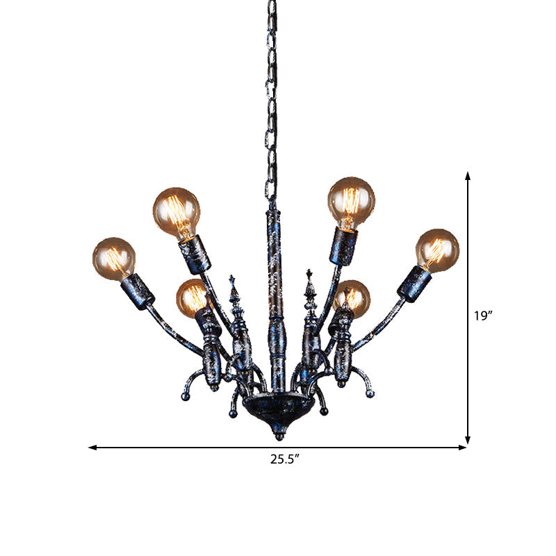 Vintage Black Metal Chandelier With Exposed Bulbs - 6 Lights Pendant Lamp And Sputnik Shade