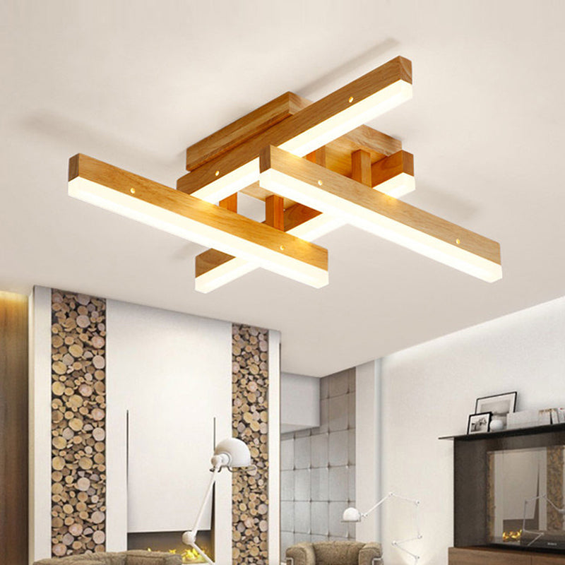 Modern Linear Wood Semi Flush Mount Ceiling Light Fixture - 4 LED Beige Lights in White/Warm - Wide Size Options