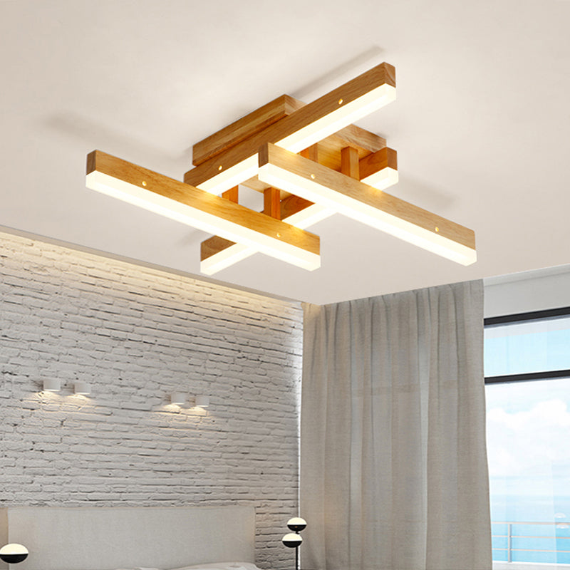 Modern Linear Wood Semi Flush Mount Ceiling Light Fixture - 4 LED Beige Lights in White/Warm - Wide Size Options