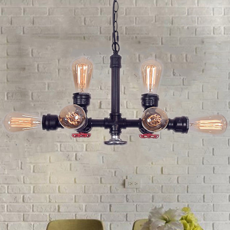 Industrial Metal 8-Light Black Water Pipe Chandelier - Living Room Hanging Light With Valve