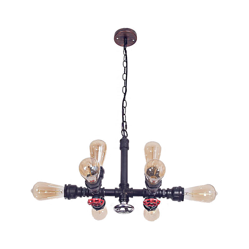 Industrial Metal 8-Light Black Water Pipe Chandelier - Living Room Hanging Light With Valve