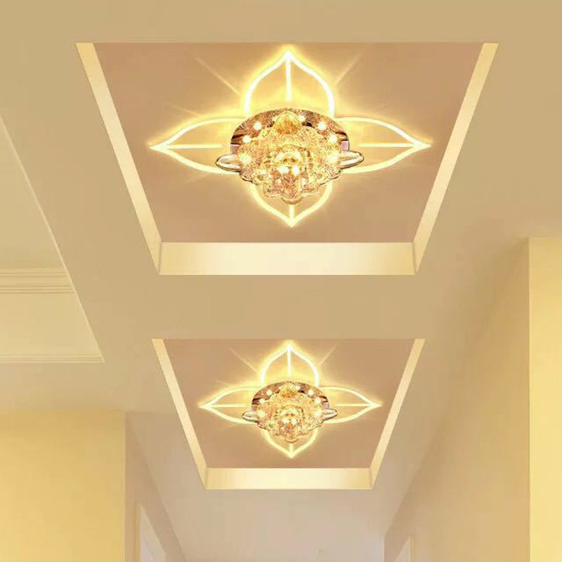 Modern Floral Crystal Led Flush Mount Ceiling Light For Corridors - Clear Finish