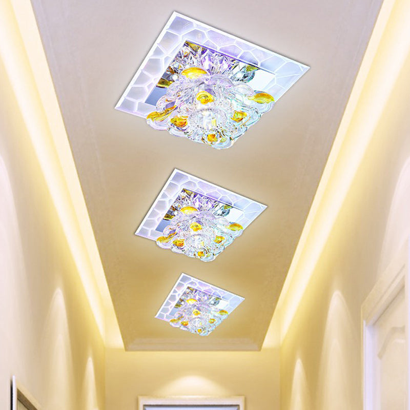 Square LED Crystal Flushmount Ceiling Light for Corridor - Modern, Clear Design