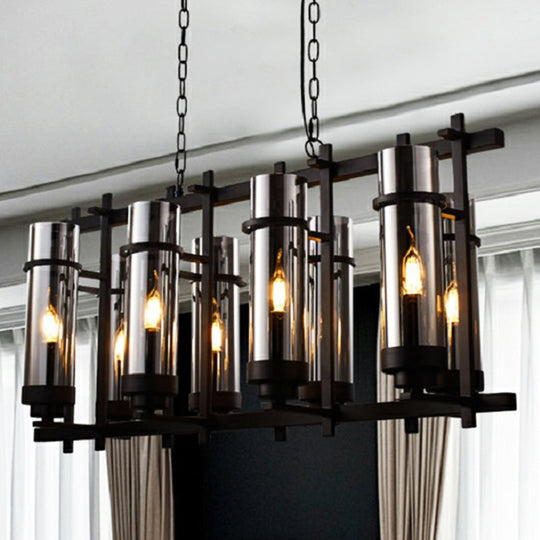 Industrial Black Glass Pendant Lamp 8-Light Smoked Cylinder Chandelier Fixture