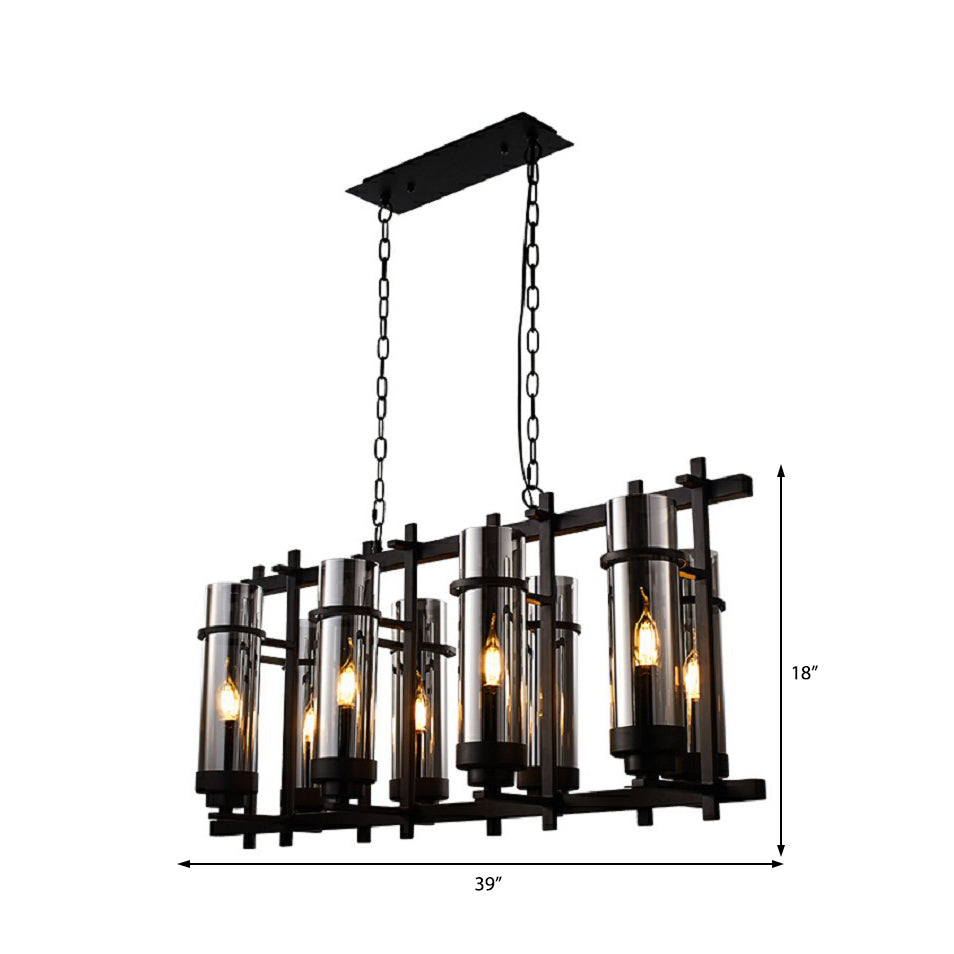 Industrial Black Glass Pendant Lamp 8-Light Smoked Cylinder Chandelier Fixture