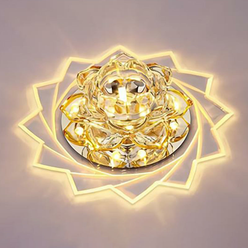 Simplicity Crystal Lotus LED Flush Mount Ceiling Light in Clear, Ideal for Corridors