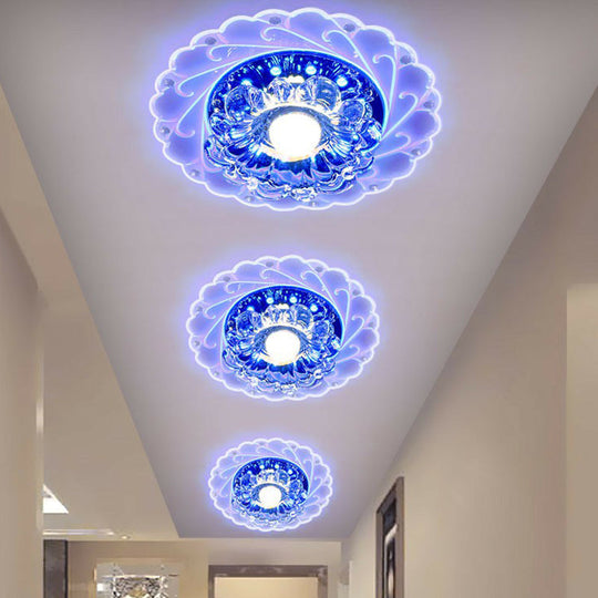 Contemporary Floral Crystal Led Flush Mount Ceiling Light - Clear Fixture For Foyer / 3W Blue