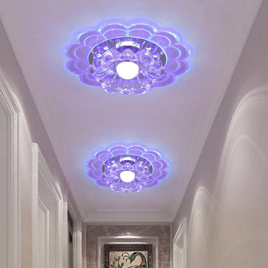 Modern Crystal Led Flush Mount Ceiling Light For Entryway - Clear Blossom Design / 3W Blue