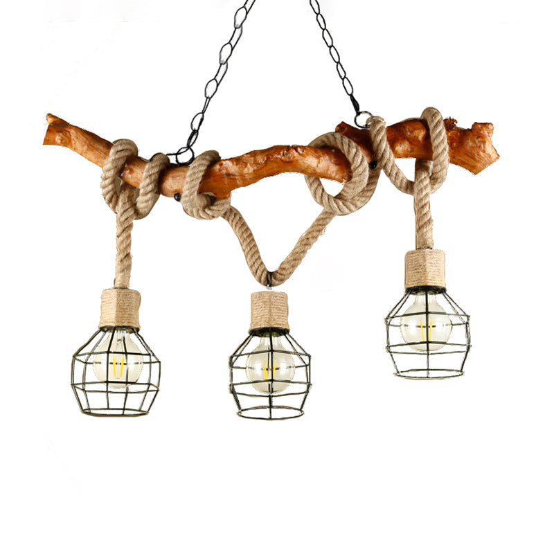 Industrial Beige Metal And Rope Pendant Light Fixture - 3-Light Caged Bubble Island Lamp