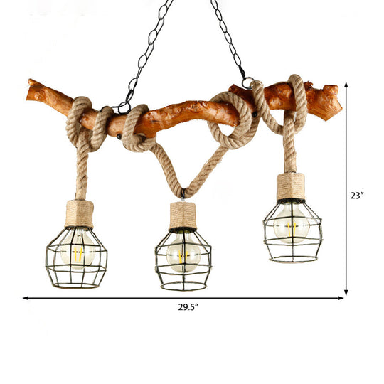 Industrial Beige Metal And Rope Pendant Light Fixture - 3-Light Caged Bubble Island Lamp