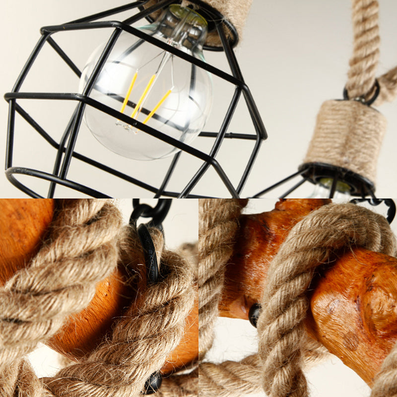 Industrial Beige Metal And Rope Pendant Light Fixture - 3-Light Caged Bubble Island Lamp