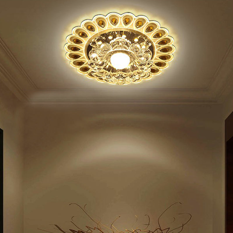 Modern Crystal Clear Led Flush Ceiling Light Fixture - Flower Shaped For Entryway