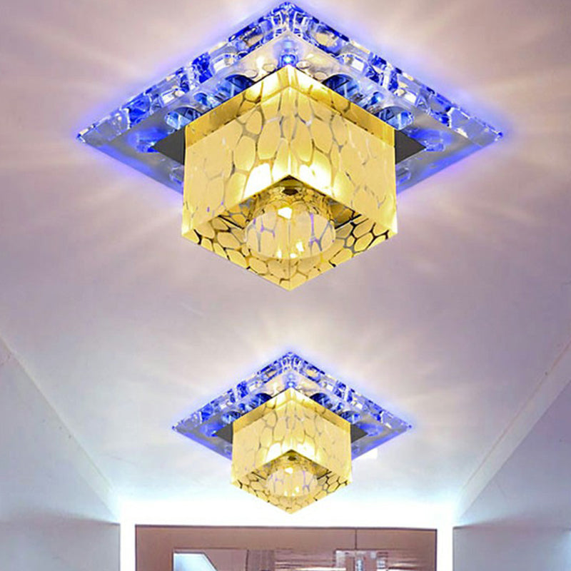 Modern Clear Crystal Cube Led Flush Mount Ceiling Light For Entryway / 3W Blue