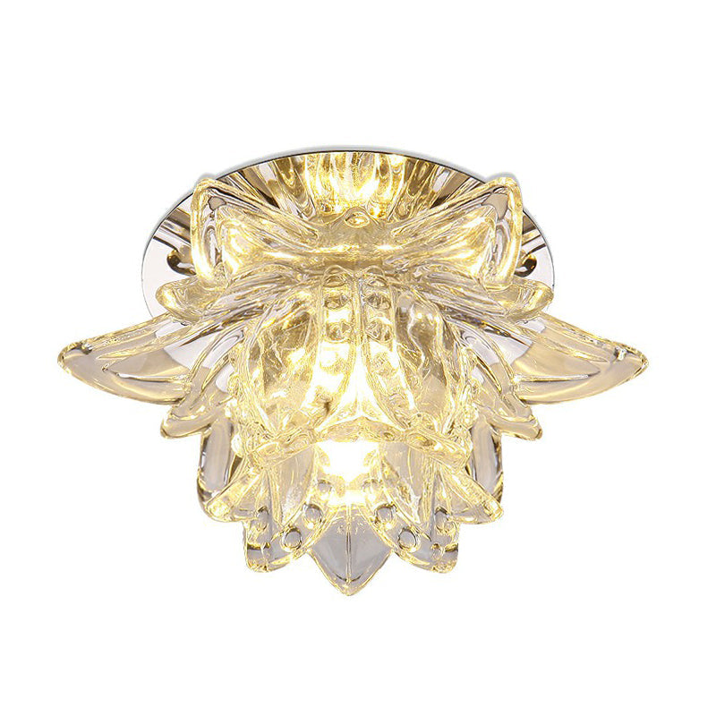 Modern Lotus-Shaped Entryway Led Crystal Flush Mount Ceiling Light In Clear / White