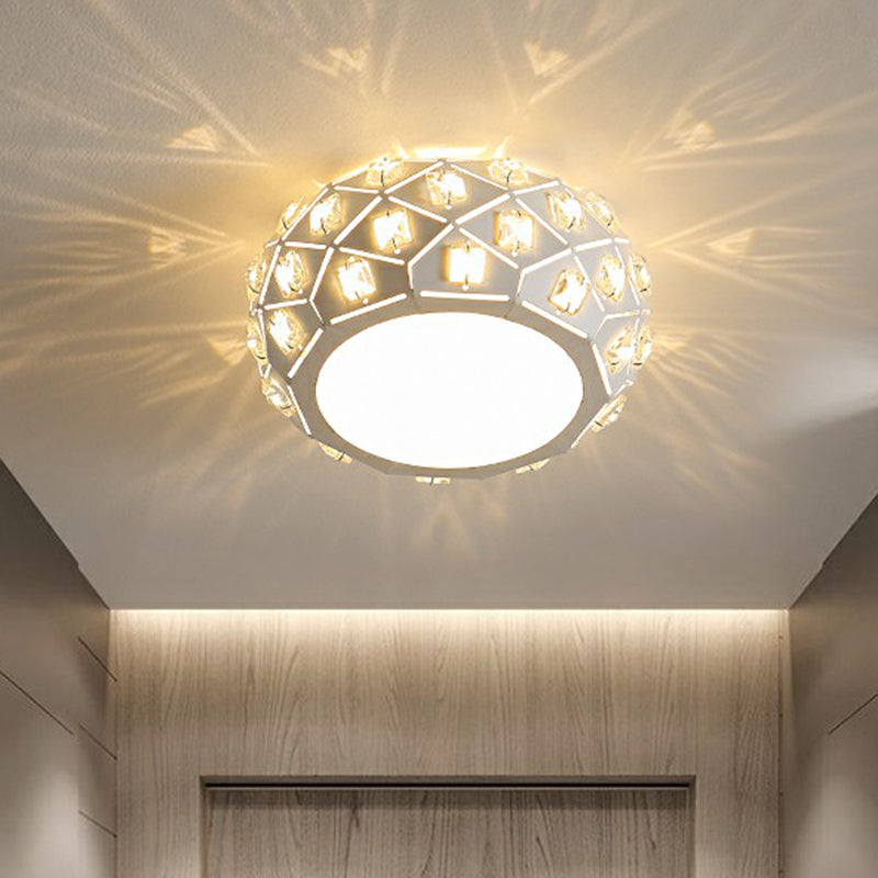 Artistic Crystal LED Flush Ceiling Light in White Drum Shape for Corridor