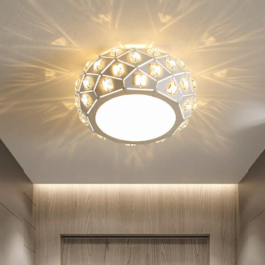 Artistic Crystal Led Flush Ceiling Light In White Drum Shape For Corridor / 6.5 Warm