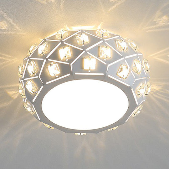 Artistic Crystal LED Flush Ceiling Light in White Drum Shape for Corridor