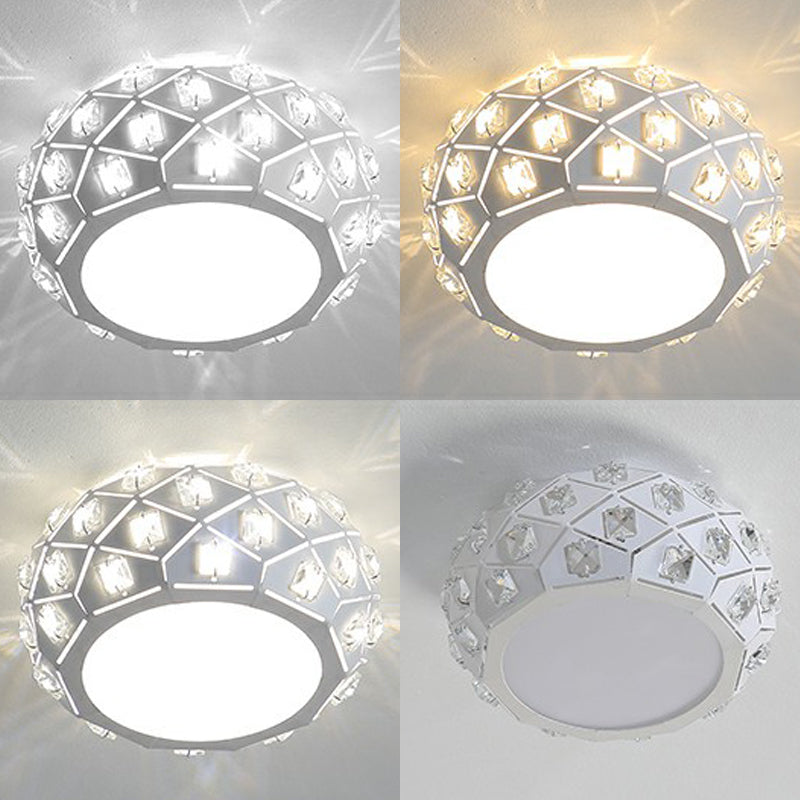 Artistic Crystal LED Flush Ceiling Light in White Drum Shape for Corridor