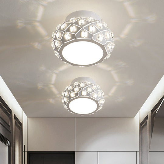 Artistic Crystal LED Flush Ceiling Light in White Drum Shape for Corridor