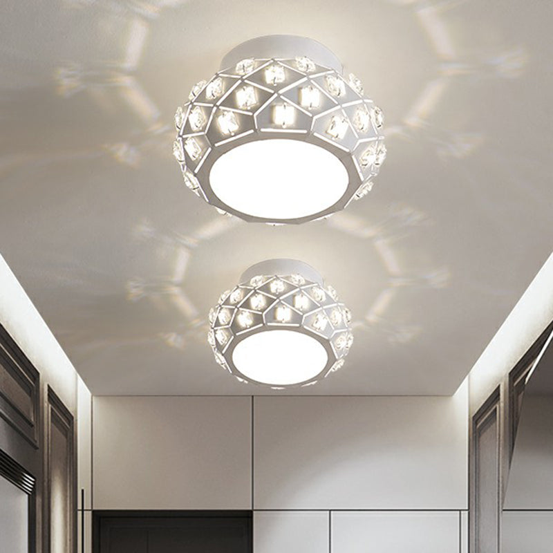 Artistic Crystal Led Flush Ceiling Light In White Drum Shape For Corridor