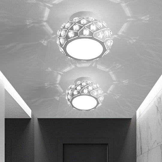 Artistic Crystal LED Flush Ceiling Light in White Drum Shape for Corridor