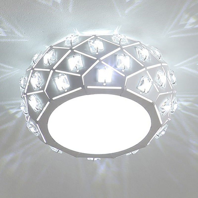 Artistic Crystal LED Flush Ceiling Light in White Drum Shape for Corridor