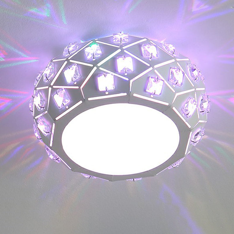 Artistic Crystal LED Flush Ceiling Light in White Drum Shape for Corridor