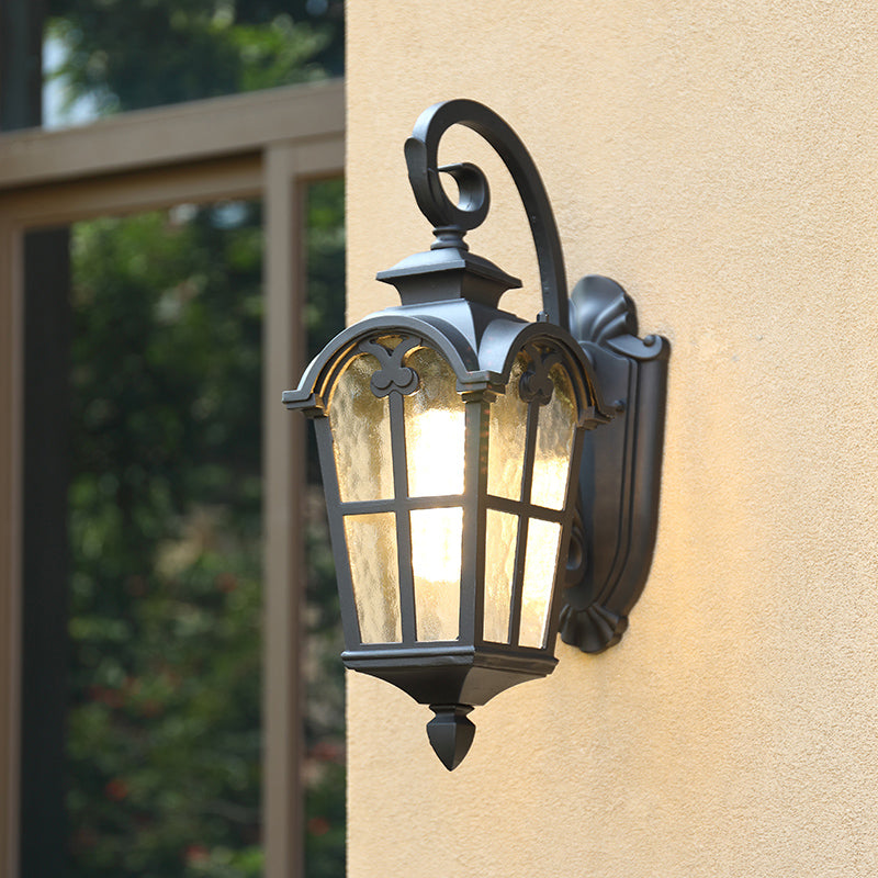 Retro Lantern Wall Mount Light With Ripple Glass For Courtyard Black / 10