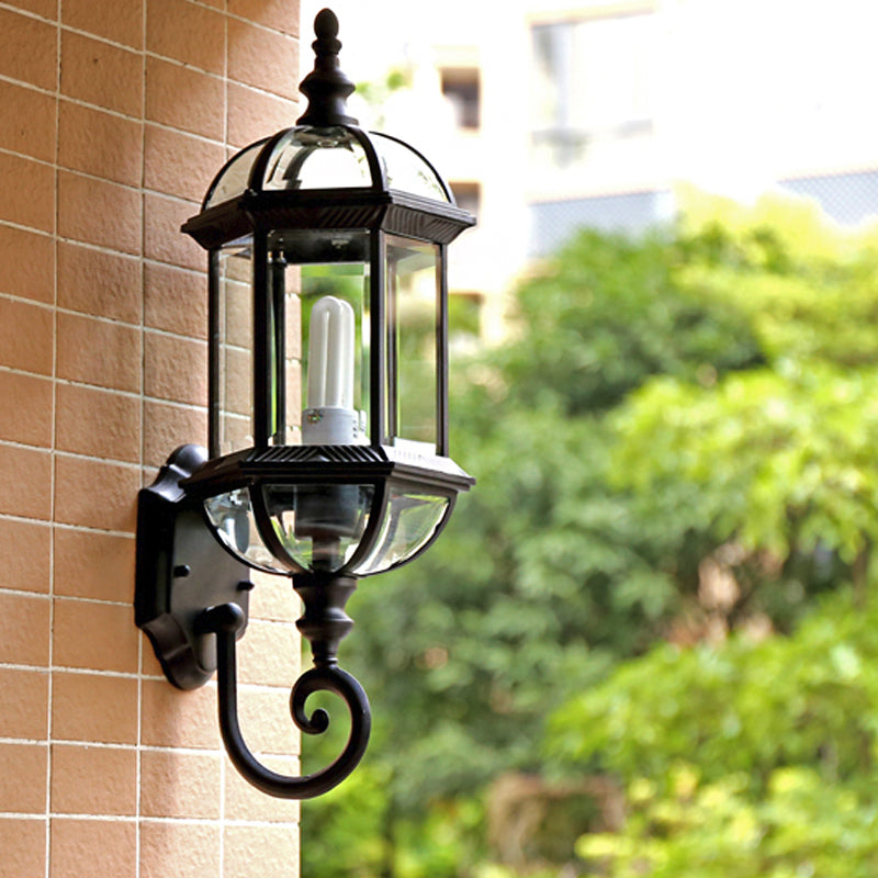 Rustic Clear Glass Wall Lighting - Birdcage Shade 1 Bulb Courtyard Light Fixture Black