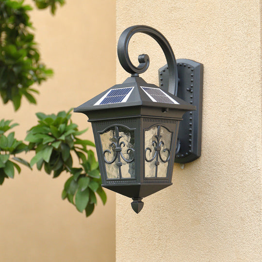 Vintage House Led Solar Wall Light With Metal Fixture And Glass Shade