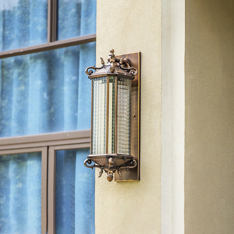 Traditional Bronze Wall Mount Light With Grid Glass And Single Bulb For Courtyard