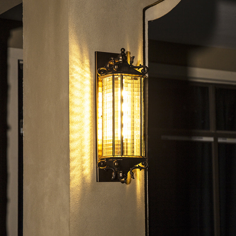 Traditional Bronze Wall Mount Light With Grid Glass And Single Bulb For Courtyard