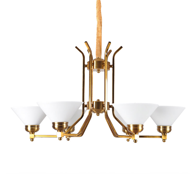 Traditional Cone Chandelier: White Glass Pendant Lighting With 3/6 Gold Lights For Living Room