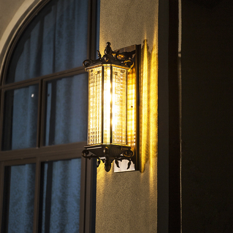 Traditional Bronze Wall Mount Light With Grid Glass And Single Bulb For Courtyard