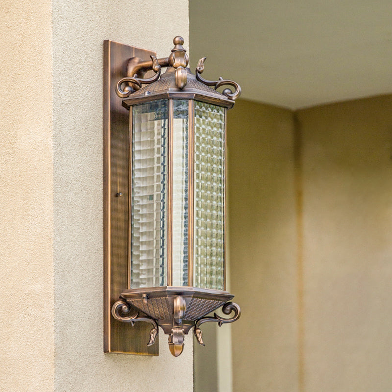 Traditional Bronze Wall Mount Light With Grid Glass And Single Bulb For Courtyard