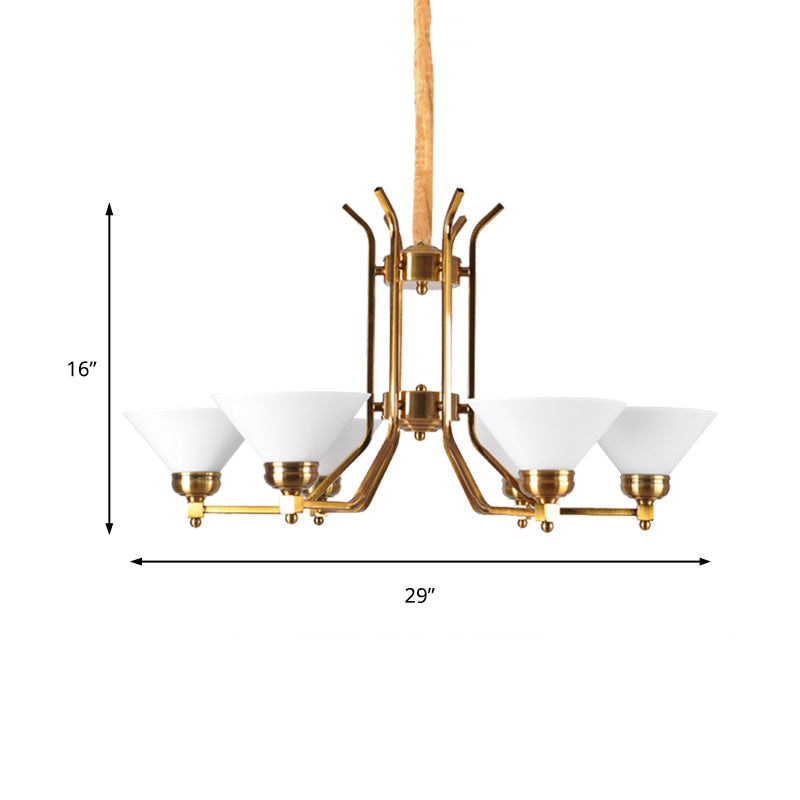 Traditional Cone Chandelier: White Glass Pendant Lighting With 3/6 Gold Lights For Living Room