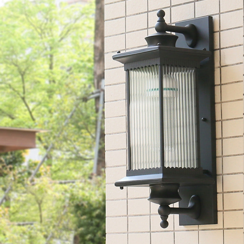 Retro Rectangular Ribbed Glass Outdoor Wall Mount Light Black / 23