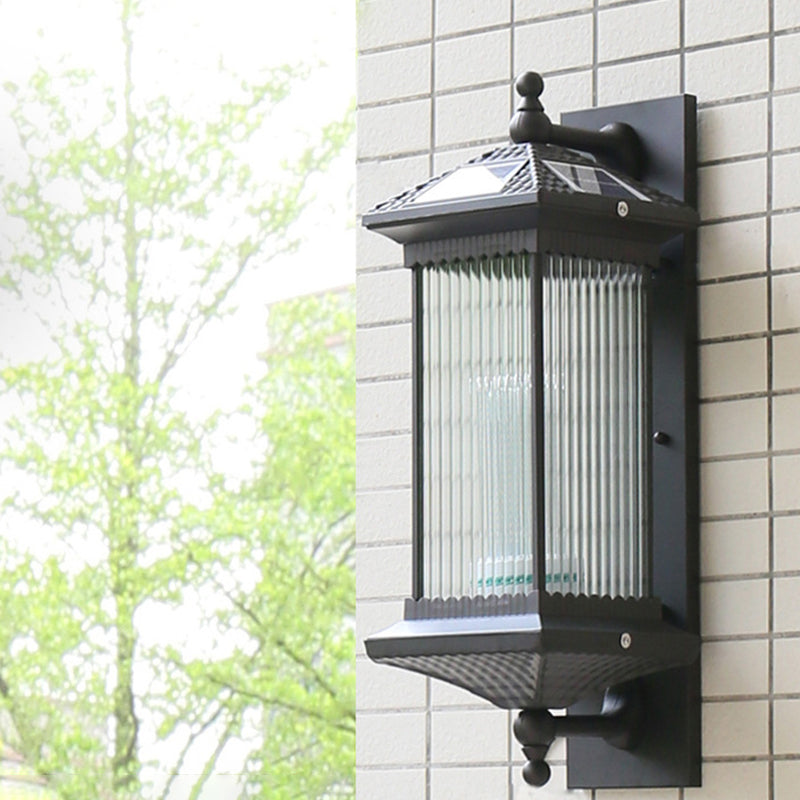 Traditional Glass Led Outdoor Wall Light With Solar Power And Ribbed Design. Black /