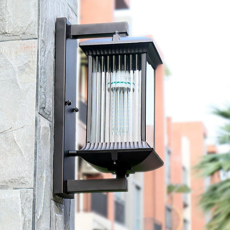 Rustic Rectangular Ribbed Glass Wall Lamp | 1 Bulb Coffee Courtyard Light Fixture