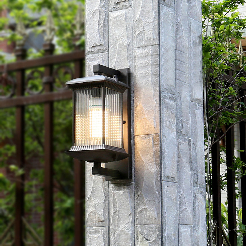 Rustic Rectangular Ribbed Glass Wall Lamp | 1 Bulb Coffee Courtyard Light Fixture