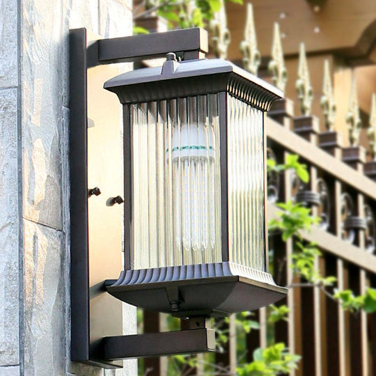 Rustic Rectangular Ribbed Glass Wall Lamp | 1 Bulb Coffee Courtyard Light Fixture