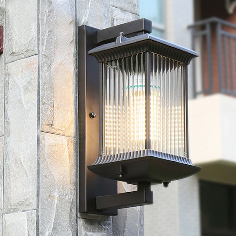 Rustic Rectangular Ribbed Glass Wall Lamp | 1 Bulb Coffee Courtyard Light Fixture