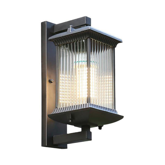 Rustic Rectangular Ribbed Glass Wall Lamp | 1 Bulb Coffee Courtyard Light Fixture