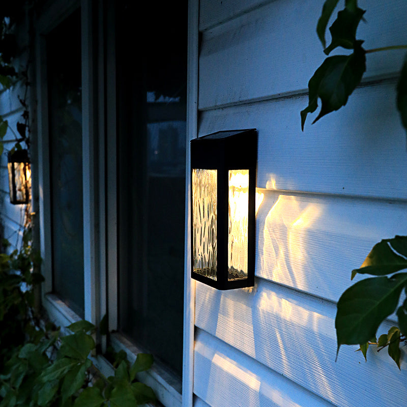 Vintage Rectangular Glass Solar Wall Light With Ripple Design - Outdoor Led Lamp In Black /