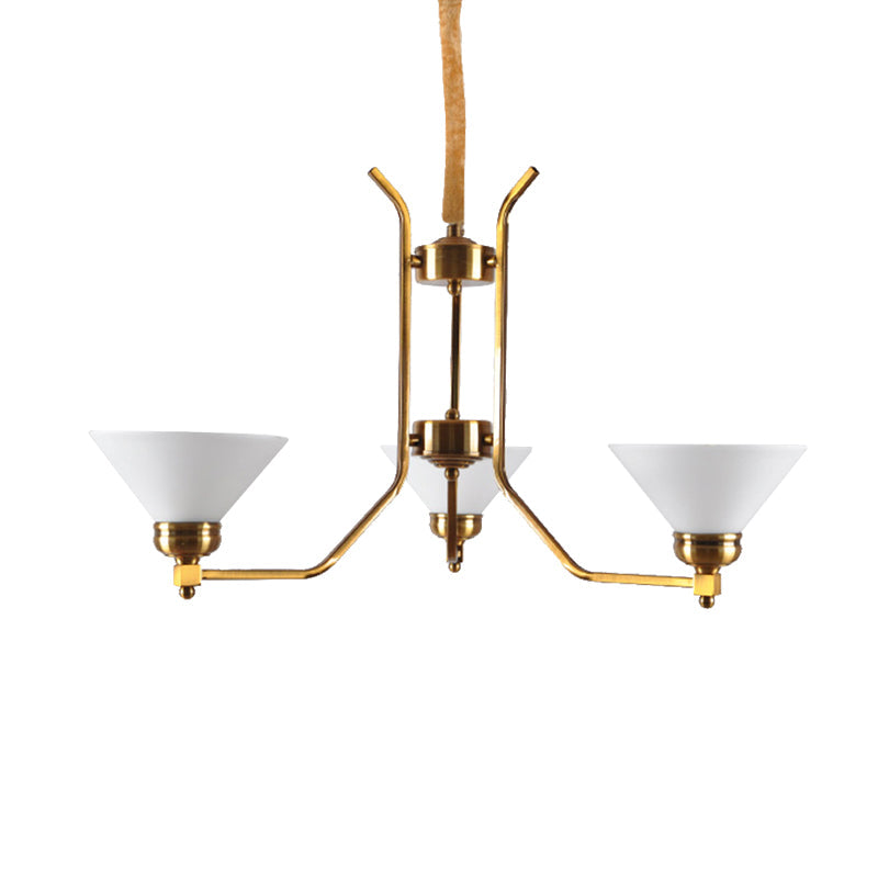 Traditional Cone Chandelier: White Glass Pendant Lighting With 3/6 Gold Lights For Living Room