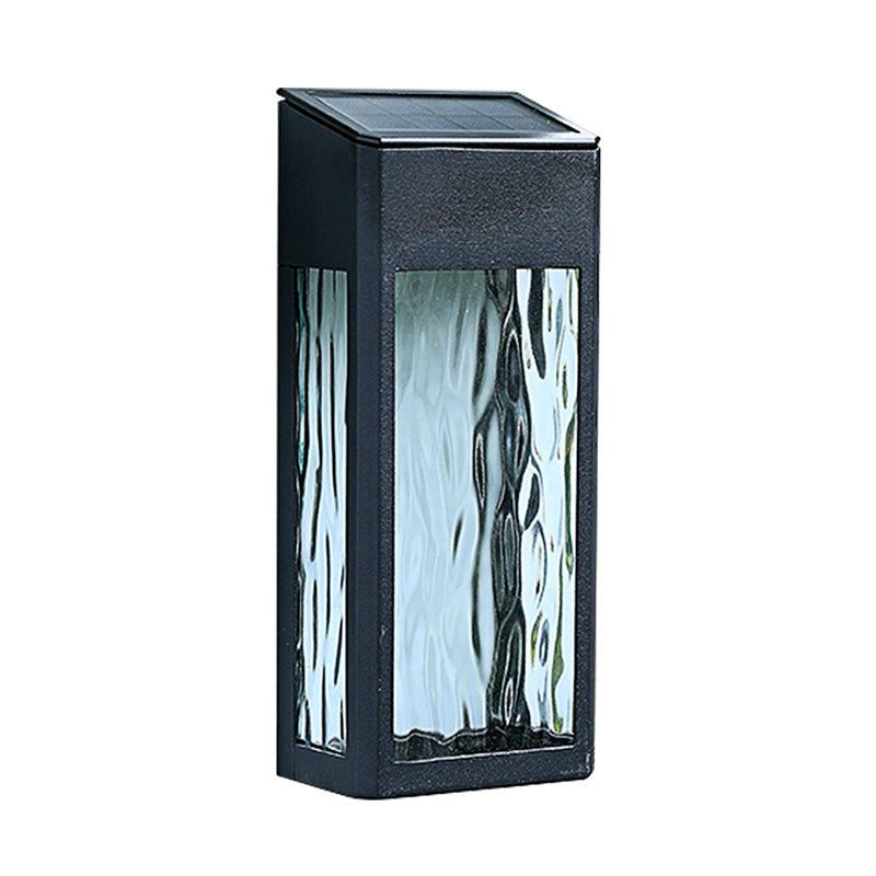 Vintage Rectangular Glass Solar Wall Light With Ripple Design - Outdoor Led Lamp In Black