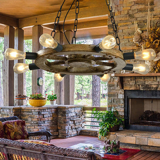 Industrial Wood Wheel Chandelier With 8 Lights & Chain - Black Dining Room Ceiling Fixture